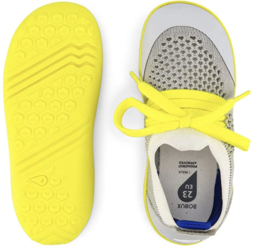 Bobux Step-up Play Knit gris blanco amarillo